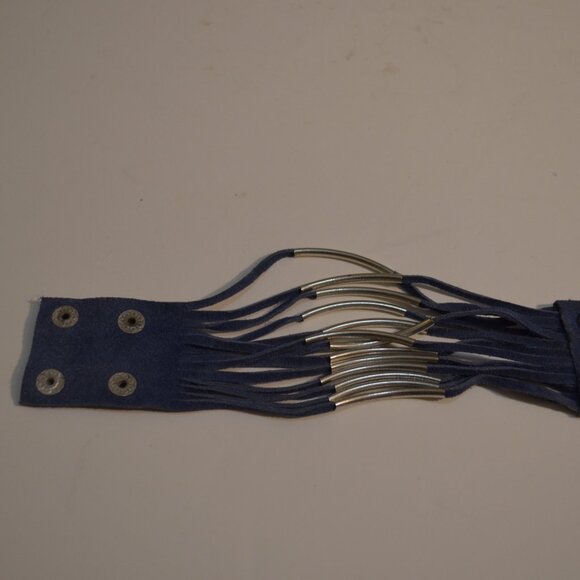 Bracelet Handmade Blue Leather Suede Strips Steel Tubes Decors 4 Snaps-Fasteners - Picture 5 of 5